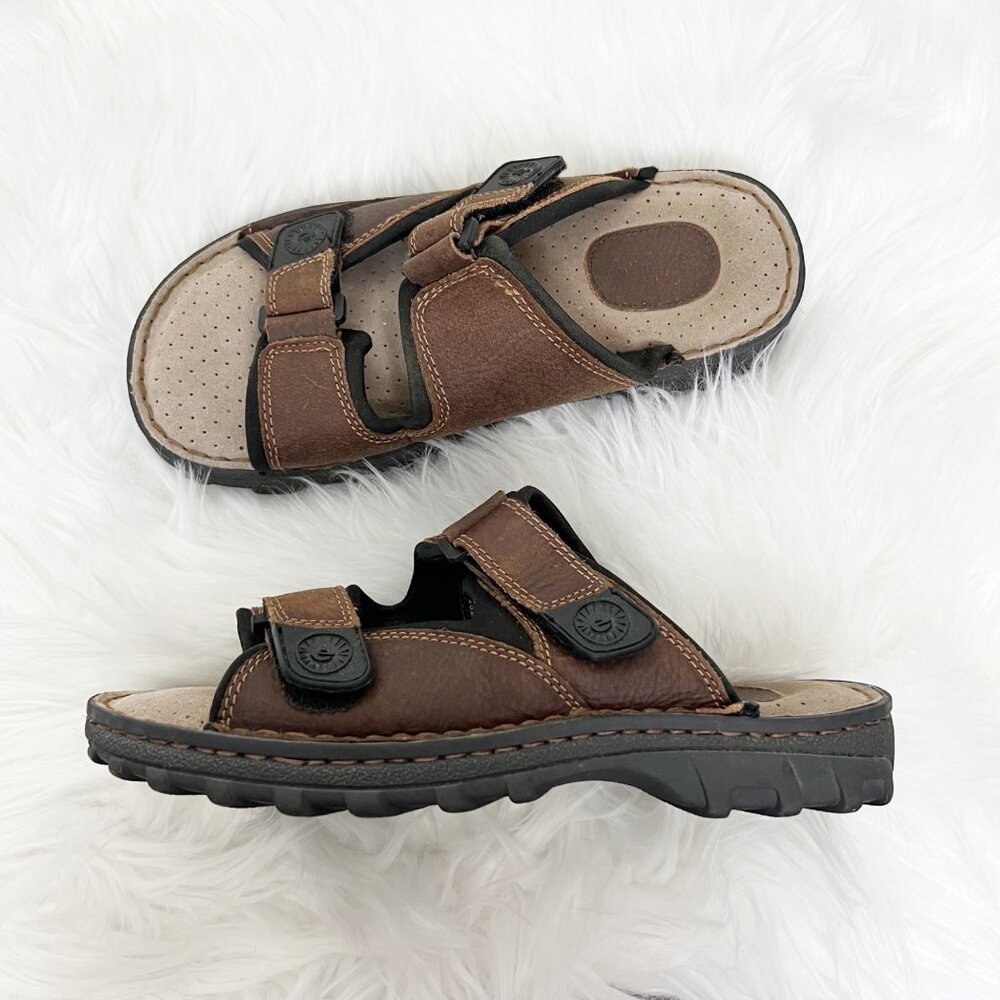 Earth Shoe Mens 8.5 Brown Leather Double Strap Slip On Sandals Outdoor Hiking
